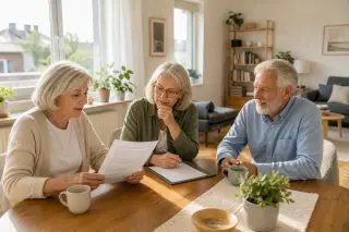 Three seniors in a bright apartment, discussing paperwork together at a dining table with sunlight coming in, creating a calm and friendly setting.