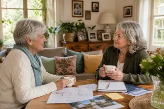 Deux femmes seniors discutent paisiblement autour d'une table dans un salon lumineux et chaleureux, entouré de plantes, de photos et de lumière naturelle.